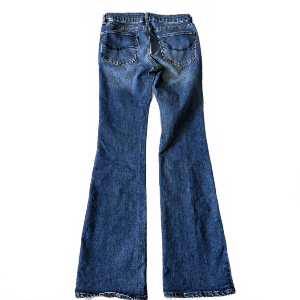 SO Denim Flare Jeans Size 5 Dark Wash Raw Hem Low Rise Y2K Size 5 - Picture 2 of 6